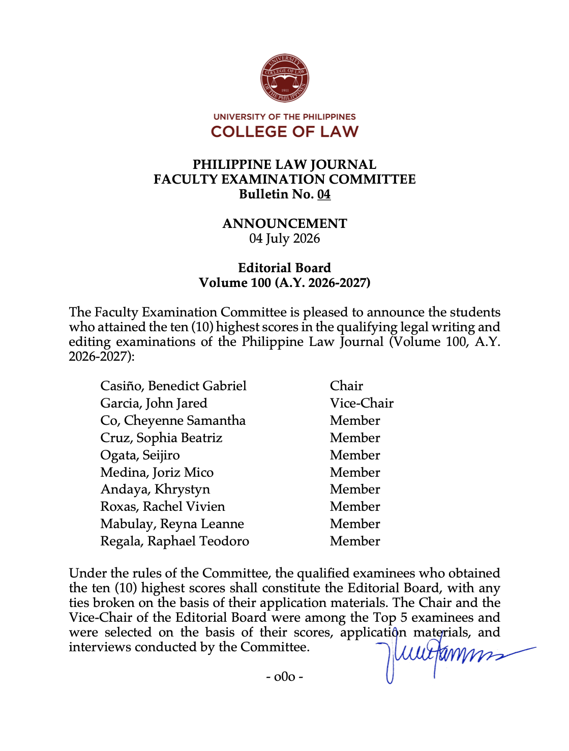PLJ Faculty Examination Committee announces results of latest qualifiers in legal writing and editing exams